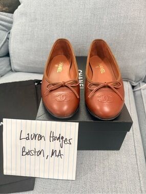 Chanel Brown Leather CC Logo Ballet Flats Size 38